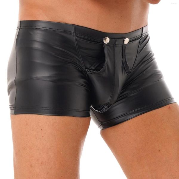 Unterhosen Sexy Männer Shiny Wet Look Kunstleder Boxer Briefs Bulge Pouch Shorts Unterwäsche Druckknopf Bademode Böden Clubwear