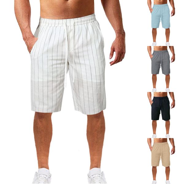 Мужские шорты летняя мужская вертикальная полоса, привязанная шортами, эластичная талия хлопковая пляжная одежда. Случайный мужской пляж Шорт на открытом воздухе 230808