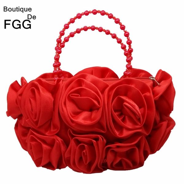 Bolsas de noite Boutique De FGG Red Flower Rose Bush Bolsa feminina de cetim com alça de contas Bolsa de casamento Bolsa de casamento Nupcial Clutch 230809