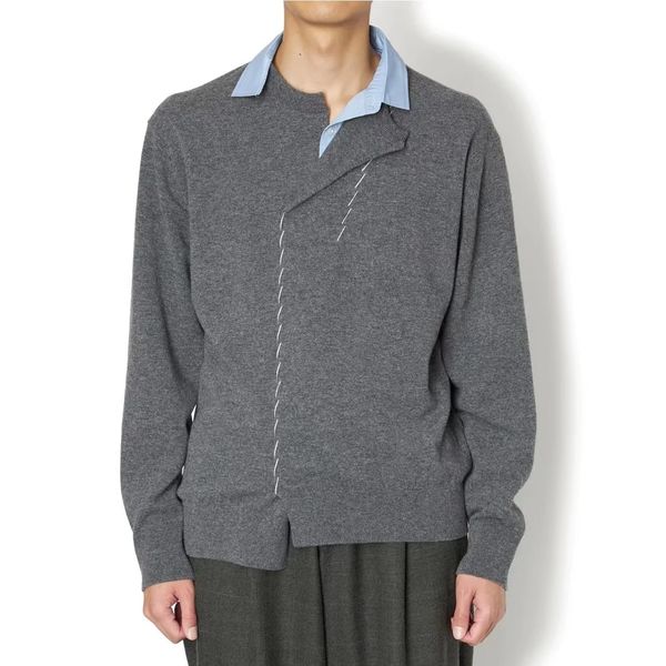 Maglioni da uomo 22aw Kolor Japan Style misto lana con risvolto maglione cucito irregolare grigio manica lunga pullover casual 230809