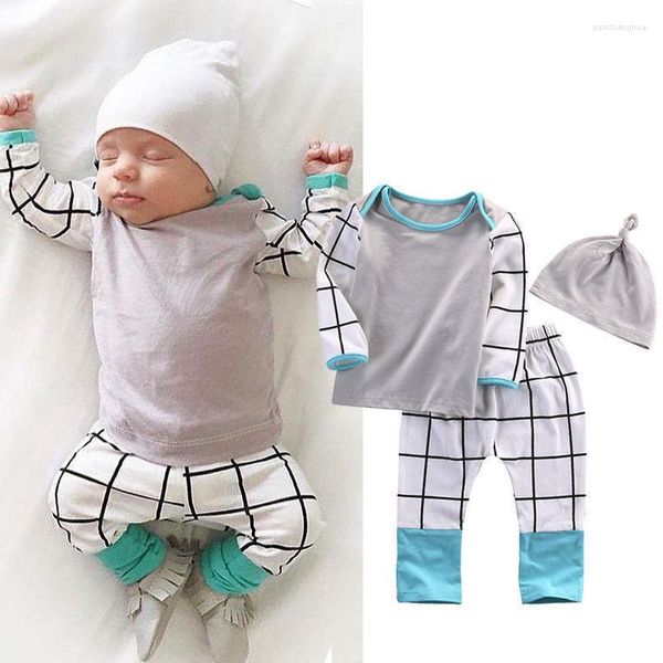 Completi di abbigliamento Set di cotone casual per bambino neonato Comodo pullover a maniche lunghe Top scozzese Pantaloni elastici Cap Outfit Abbigliamento infantile