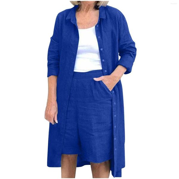 Tute da donna Completi da donna in cotone e lino Completi da 2 pezzi Bermuda Set di pantaloncini a maniche lunghe Camicia da vacanza al mare Pantaloni corti