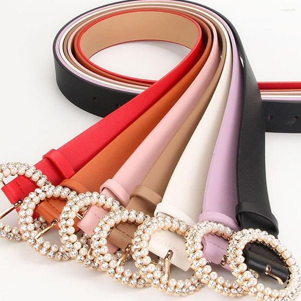 Cinture Classiche Casual Pu Leather Pearl Crystal Round Buckle Cintura Fashion Dress Decoration Stile coreano da donna