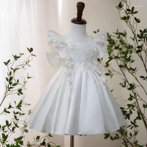 Mädchenkleider Temperament Mädchen für Party und Hochzeit Quadratischer Kragen Applikationen fliegende Ärmel Blumenkleid Schleife V-Rücken Abendkleid