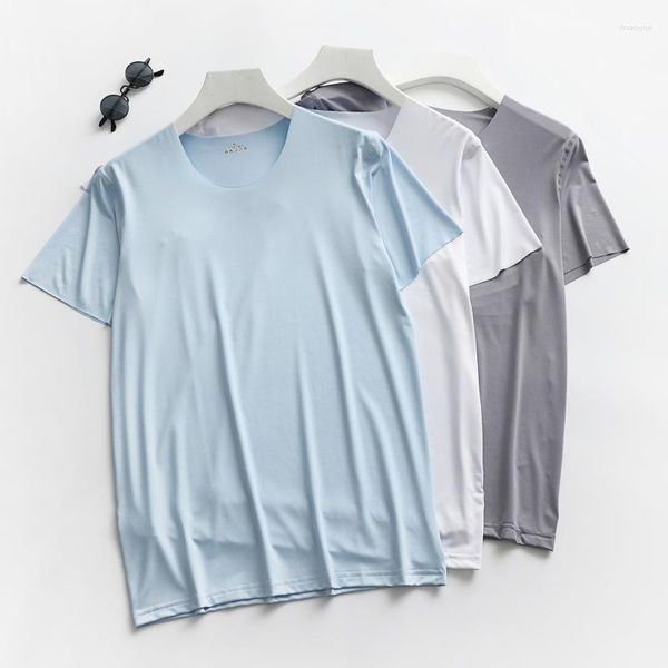 Erkekler Tişörtleri 2023 İnce Kısa Kollu Buz İpek Yaz Olmadan Düz Renk Gömlek İz İnce Dip Moda Erkek Giyim
