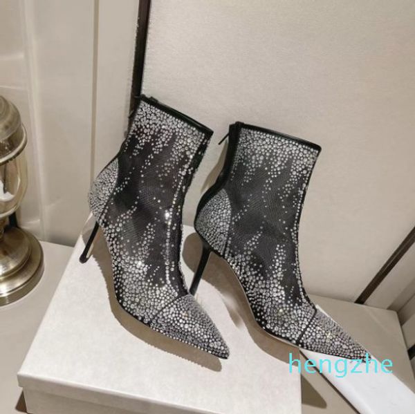 Botas femininas de inverno salto alto Bing rosa preto camurça malha botas de tornozelo enfeite de cristal senhora sapatos de noiva bico fino