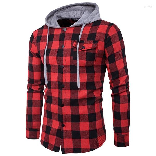 Camisas sociais masculinas Red Black Xadrez com capuz Camisa masculina de manga longa slim fit Casual Checkered Hoodies Mens Pocket Button Front Chemise Homme