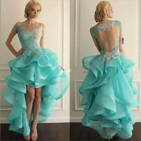 Bescheidene Organza-Spitzenapplikationen-Heimkehrkleider, hohe und niedrige Rüschen, mintgrünes Cocktailpartykleid, formelle Mini-Abschlusskleider