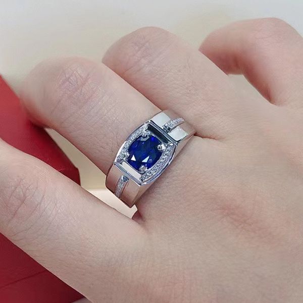 Eheringe Weißgold Blauer Edelstein Herrenring 1CT Ovale Form Saphir Verlobung für Männer Echter AU750 Schmuck mit Box 230808