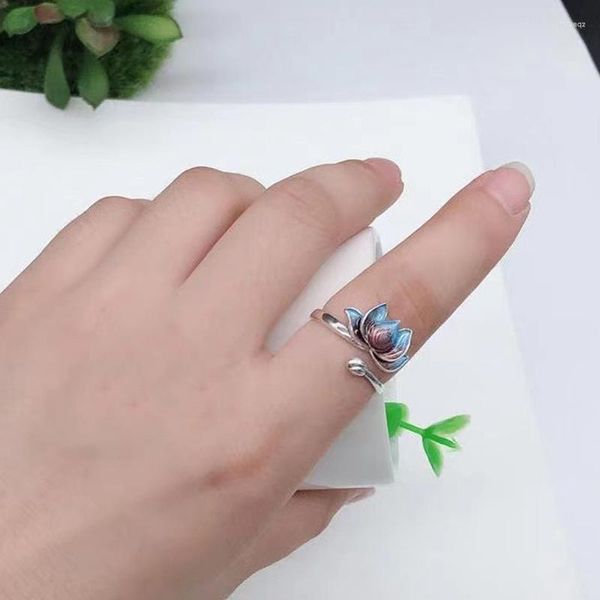 Cluster Ringe Blaue Lotusblume für Männer Frauen Boho Retro Gradient Verstellbare Öffnung Fingerring Buddhismus Schmuck