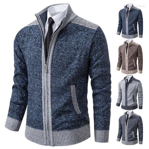 Suéteres masculinos outono e inverno jaqueta plus size gordinho com zíper suéter de lã engrossado cardigã emendado gola simulada