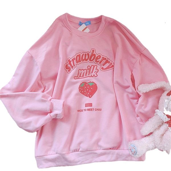 Moletons femininos com capuz S-3XL Harajuku Kawaii moletom rosa morango moletons primavera Kpop estilo coreano velo feminino lindo top outwear para meninas 230808