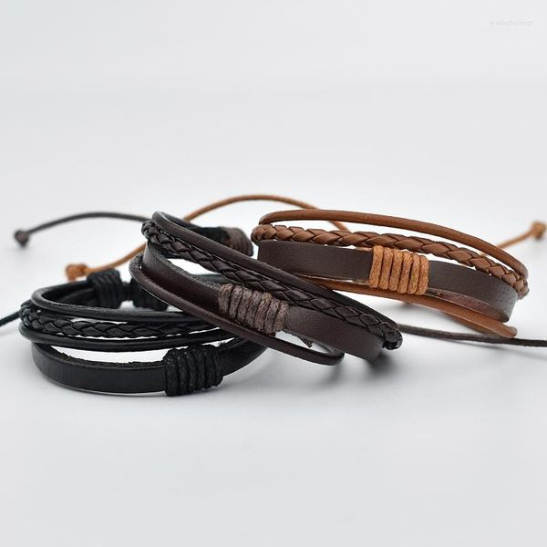 Charm Bracelets Vintage Men Black Brown Weave Leather Simples Pulseira Ajustável Bracelete Cuff Corda Jóias Presente Para Namorado