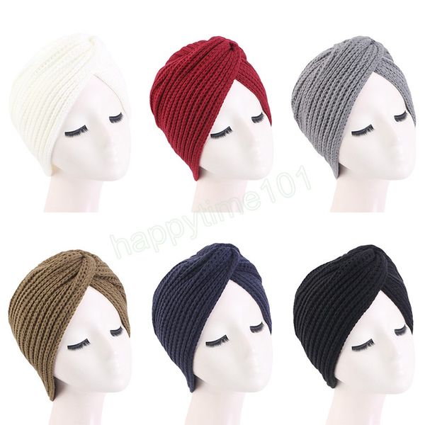 Autunno Inverno Musulmano Tappi interni Boemia Turbante Acrilico Testa a croce Avvolgere Cappello indiano Berretto a turbante in maglia di lana