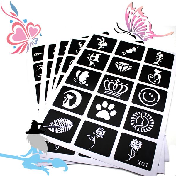 Altro Fornitura di trucco permanente 133pcs Airbrush Glitter Tattoo Stencil Donne Bambini Modello di disegno Piccolo fiore Farfalla Henna Tattoo Stencil 230808