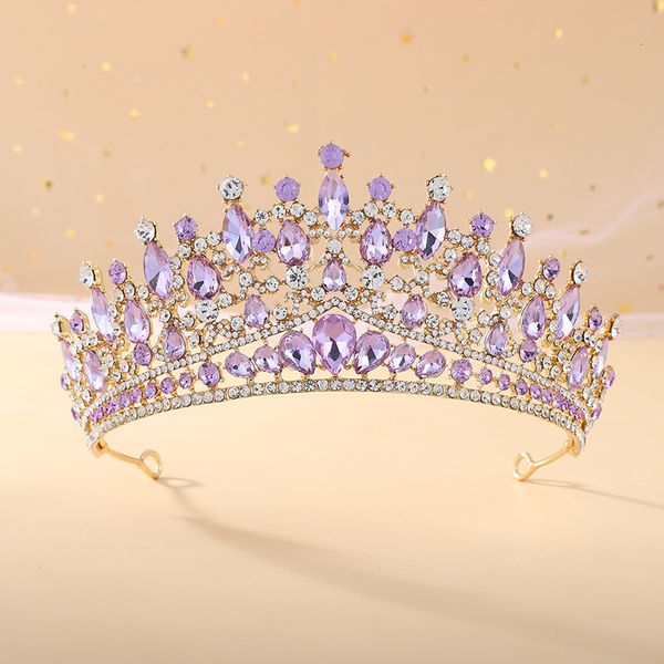 Jóias de cabelo de casamento KMVEXO Moda Roxo Lilás Rosa Tiara de Cristal Coroas Rainha Reis Princesa Acessórios de Cabelo de Casamento Diademas de Noiva 230808