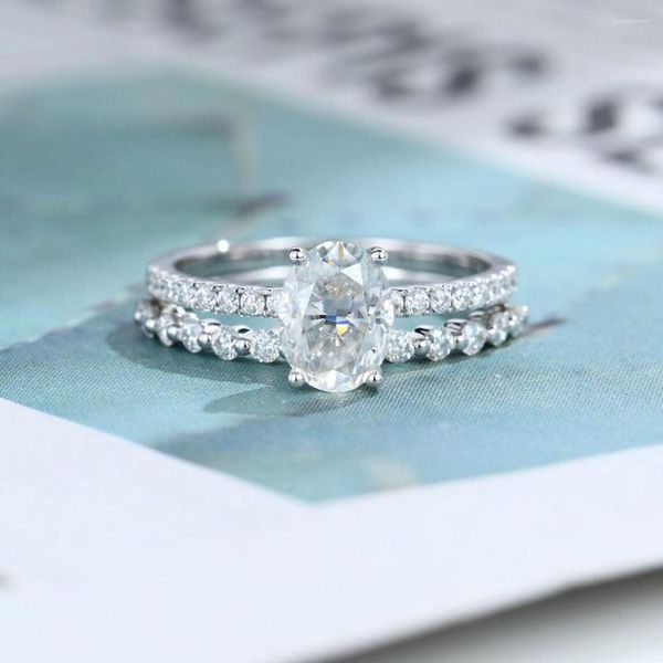 Cluster Anéis Veryins Oval Moissanite Anel de Noivado Vintage Ouro Branco Meia Eternidade Casamento Para Mulheres Promessa de Presente de Aniversário de Noiva