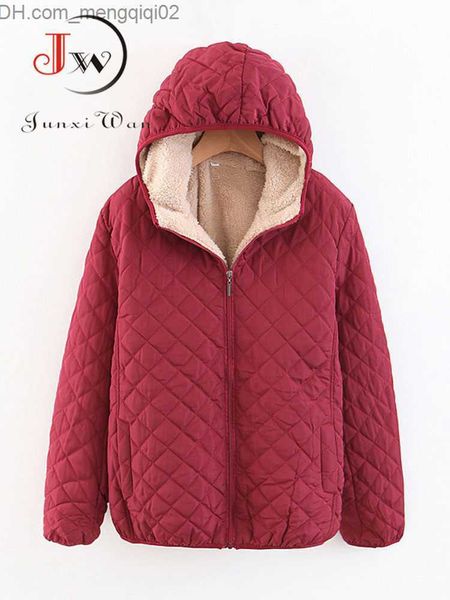 Damen-Daunenparkas, Damen-Herbst-Winter-Parkmantel, Damen-Schaffell-Kapuzen-Plaid-Langarm-Warm-Winterjacke S~3XL Casaco Femino Z230809