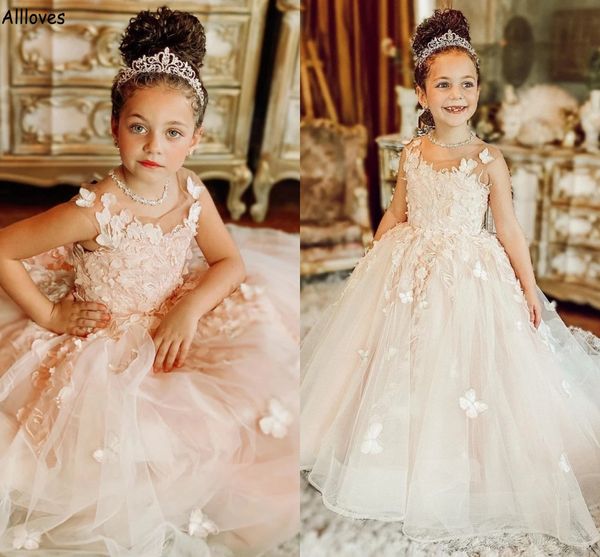 Красивые 3 -й бабочки цветочниц платья светло -розовые кружевные экипаж Свадебная свадебная маленькая девочка
