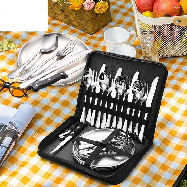 Geschirr Sets Edelstahl Outdoor Tragbare Geschirr Set Camping Steak Messer Gabel Und Löffel Picknick Besteck Mit Lagerung Tasche