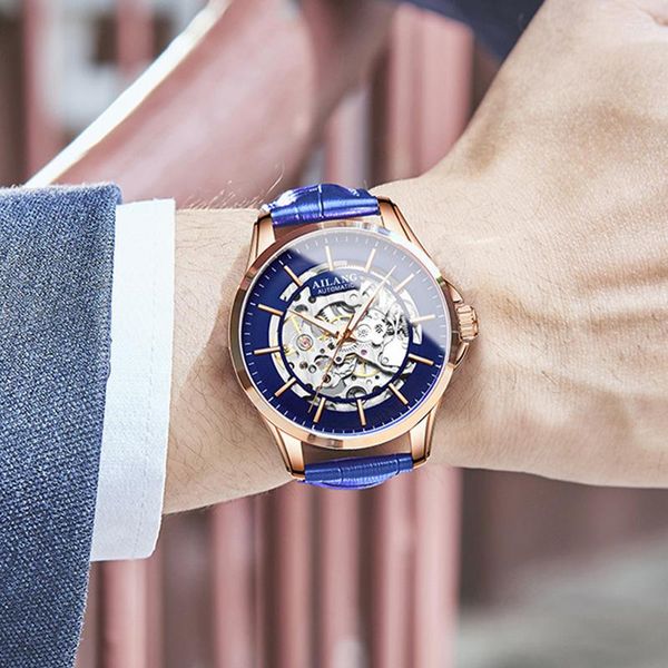 Нарученные часы Ailang Brand Fashion Skeleton Mechanical Watch для мужчин синий кожаный ремешок Водостойкие