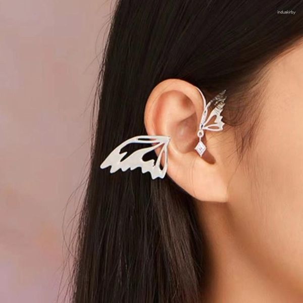 Brincos traseiros Asa de borboleta Ear Cuff Cor prateada Clipe para mulheres Brinco estilo coreano sem piercing Jóia gota