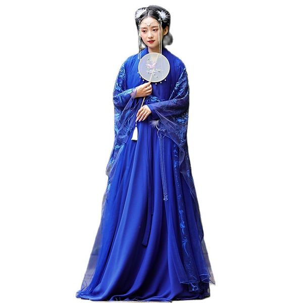 Roupa de palco de filme de tv azul vestido feminino hanfu chinês cosplay fada elegante estilo antigo vestido feminino traje de dança folclórica clássica