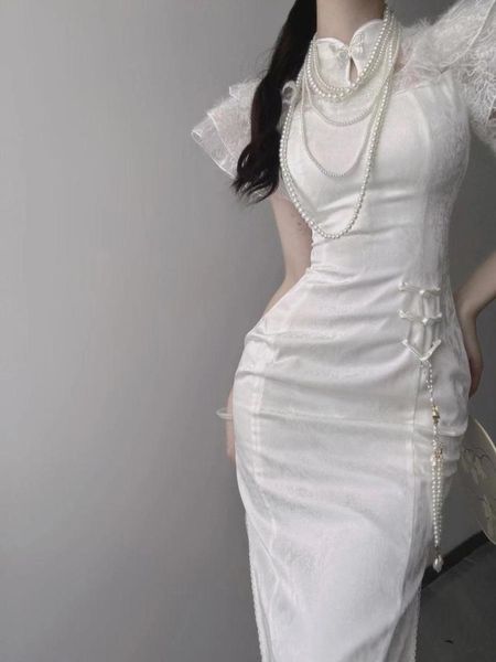 Roupas étnicas 2023 Nacional Chinês Cheongsam Vestido de Renda Branca Elegante Vintage Feminino Vestidos Longos Manga Voadora Sexy Qipao S2107