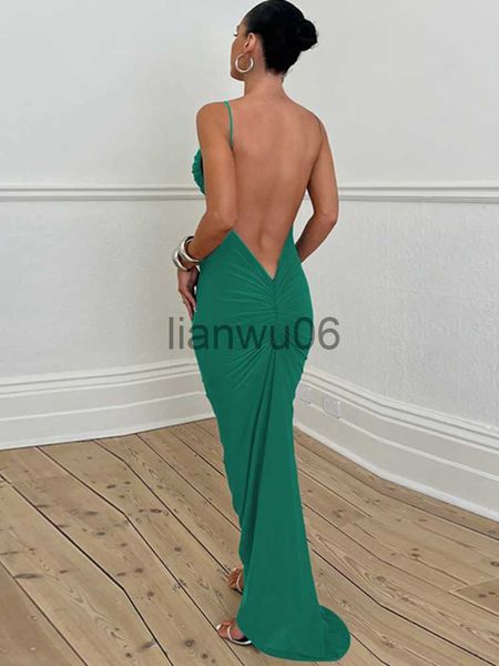 Vestidos Casuais Básicos Vestidos Maxi Sexy Sem Costas para Mulheres Vestido Bodycon Pregueado Alça Espaguete Sem Mangas Elegante Vestido de Festa Casamento Noite Verde J2308009