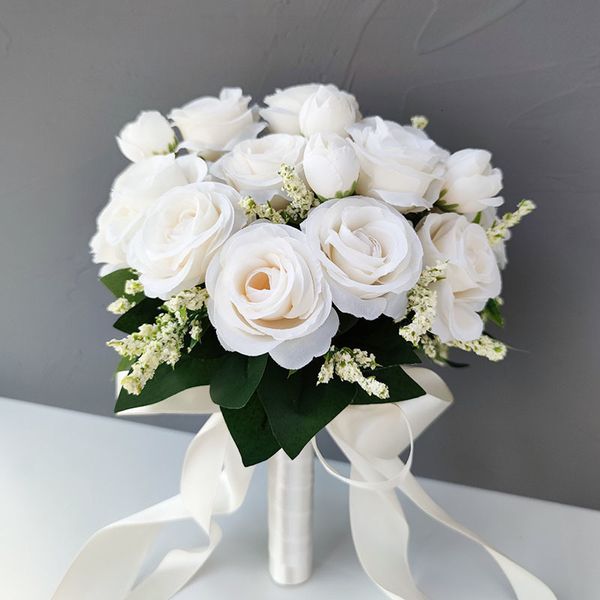 Dekoratif Çiçek Çelenkleri Gelin Nedime Düğün Buket Beyaz İpek Güller Yapay Gelin Boutonniere Pims Mariage Aksesuarları 230809