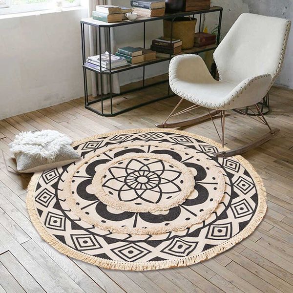 Home boho decor Nordic nappa Boemia fatto a mano Macrame cotone stampato ricamato tappeto rotondo camera da letto camera porta tappetino da bagno tappeto HKD230809