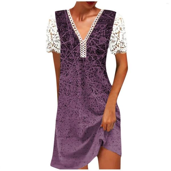 Vestidos casuais femininos sexy vestido de praia decote em V manga curta renda para férias uso diário saia patchwork cor sólida solta mini