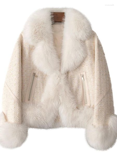 Damen-Pelz-Frauen-Herbst-Winter-Faux-Mäntel, weißer Kragen, gekerbtes Revers, lange Ärmel, kurzer Mantel, verdeckter Knopf, Reißverschlusstaschen-Design
