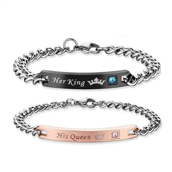 Charm Bracelets His Queen Her King Beauty Beast Couple Bracelet For Women Men Love Heart Letter Crown Fashion Jewelry Gift Drop Delive Dhq9C