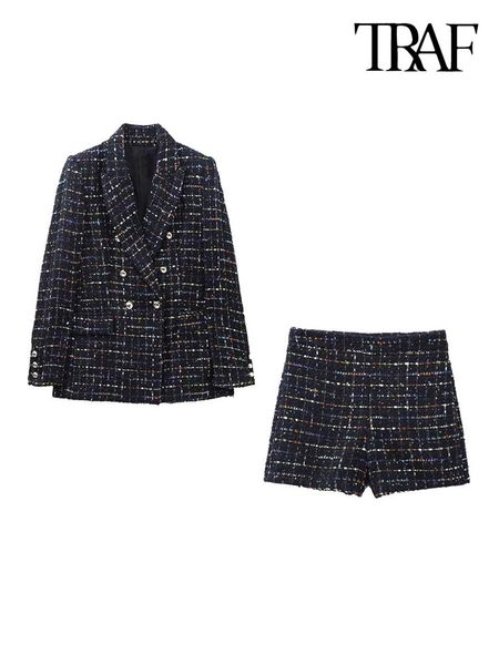 Frauenanzüge Blazer TRAF Frauen Mode Tweed Zweireiher Blazer Mantel Und Hohe Taille Seitlichem Reißverschluss Shorts Weibliche Zwei Stück Sets mujer 230808