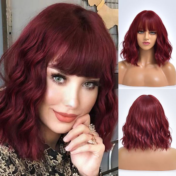 Peruca sintética de cabelo tinto onda curta diária com franja para mulheres brancas natural cosplay fibra resistente ao calor perucas femininas