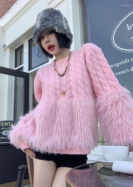 Camisolas femininas 2023 pele sintética costura tecido peludo casaco feminino roupas de inverno estilo coreano manga longa solto grosso quente faxu