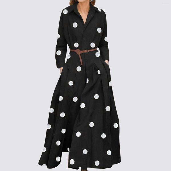 Vestidos Casuais Moda Outono Camisa Vestido Feminino Elegante Polka Dot Vestidos 2023 Chique Boêmio Maxi Férias Vestido de Verão Longo OL Kaftan