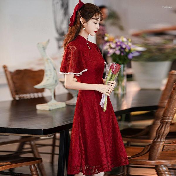 Roupas étnicas Estilo Chinês Vinho Tinto Cheongsam Traje de Noiva Oriental Vestidos de Festa à Noite Senhora Casamento Qipao Vestido Tradicional Clássico