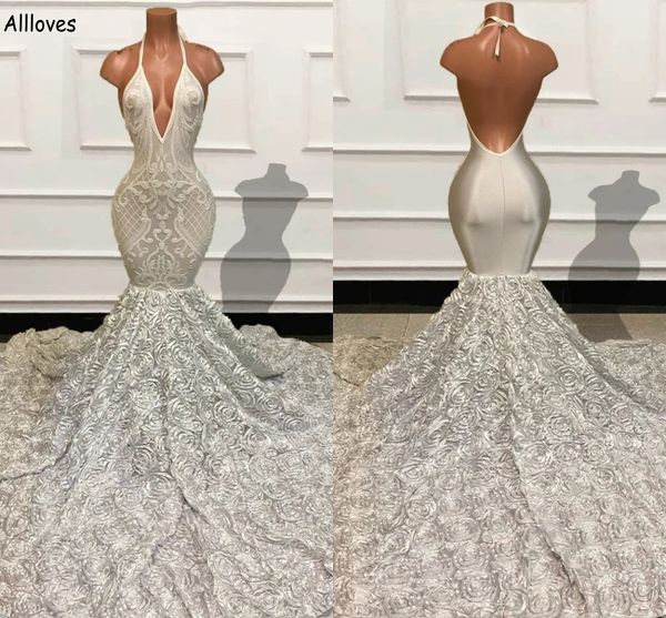 Schöne silberne 3D-Rosenblumen-Spitze-Meerjungfrau-Abschlussballkleider Arabisch Aso Ebi Neckholder Slim und Flare Damen formelle Partykleider Sexy rückenfreies langes Abendkleid CL2687