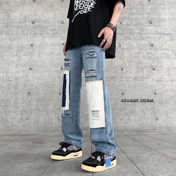Мужские джинсы повседневная хип -хоп хлопок прямой нога разорванная американская главная уличная одежда.