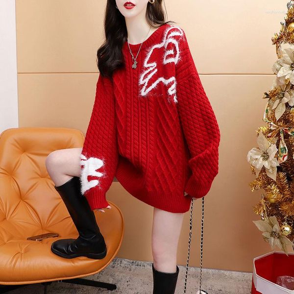 Frauen Pullover Herbst Winter High-Neck Stricken Pullover Pullover Weibliche Lose Dicke Warme Hemd Lange Ärmel Top Rote Kleidung q664