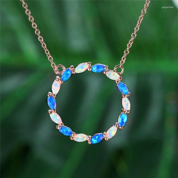 Anhänger Halsketten Einfache Weibliche Blaue Blatt Halskette Charme Rose Gold Farbe Kette Für Frauen Niedliche Hohle Runde Opal Hochzeit Schmuck