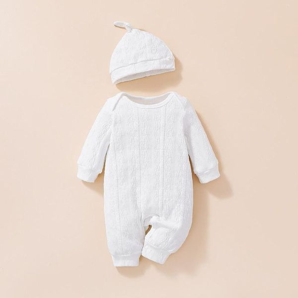 Conjuntos de roupas para bebês meninos outono e inverno conjunto de macacão manga longa gola redonda chapéu estampado branco puro