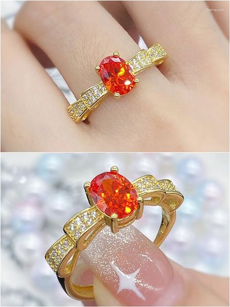 Cluster Anéis Laranja Cristal Austríaco Chique Diamantes Pedras Preciosas Delicadas Para Mulheres 18k Cheia de Ouro Faixa Exclusiva Jóias Acessórios da Moda