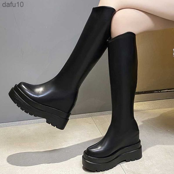 2023 Winter Women Boots Mid-Calfe cunha High Heel Platform Lace Up Zip Ladies bombeia Motocicleta feminina Botas femininas de cor sólida L230704