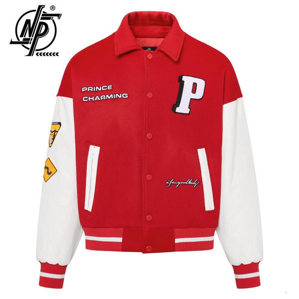 Erkek Ceketler Varsity Ceket Mektup Deseni PU Deri Patchwork Beyzbol Kış Sokak Giyim Moda Kırmızı Bombacı Unisex Ceket 230809
