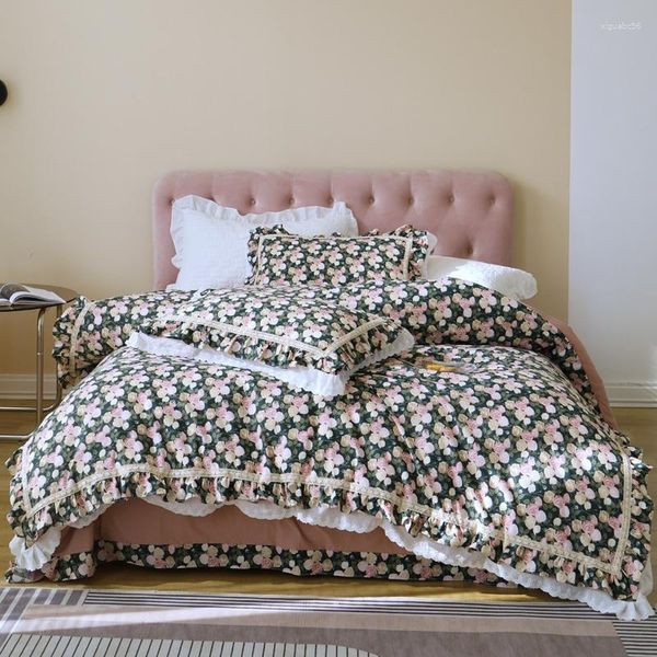 Ensembles de literie Simple Life Rose Imprimer Style Coton Lavé Ensemble Housse de Couette Linge de Lit Drap Housse Taies D'oreiller Textile À La Maison