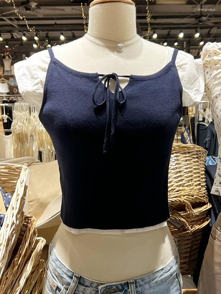 Damen-Tanks, süßes, solides, gestricktes Crop-Top mit Schnürung, süßes, schlankes, ärmelloses, weiches Baumwoll-Sommer-Cami-Unterhemd, schickes Fairycore-Vintage-Tanktop