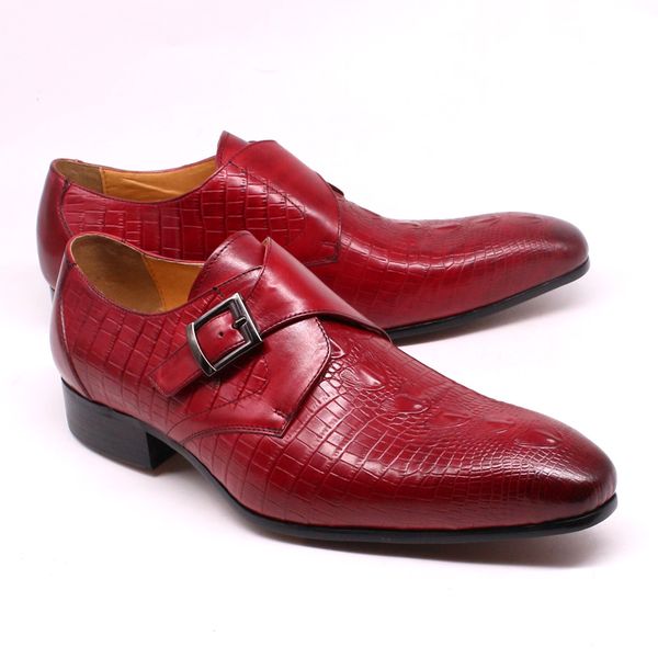 El yapımı erkek ofis iş ayakkabıları gerçek deri düğün elbise loafers kırmızı lüks keşiş kayış tokası resmi erkekler ayakkabı